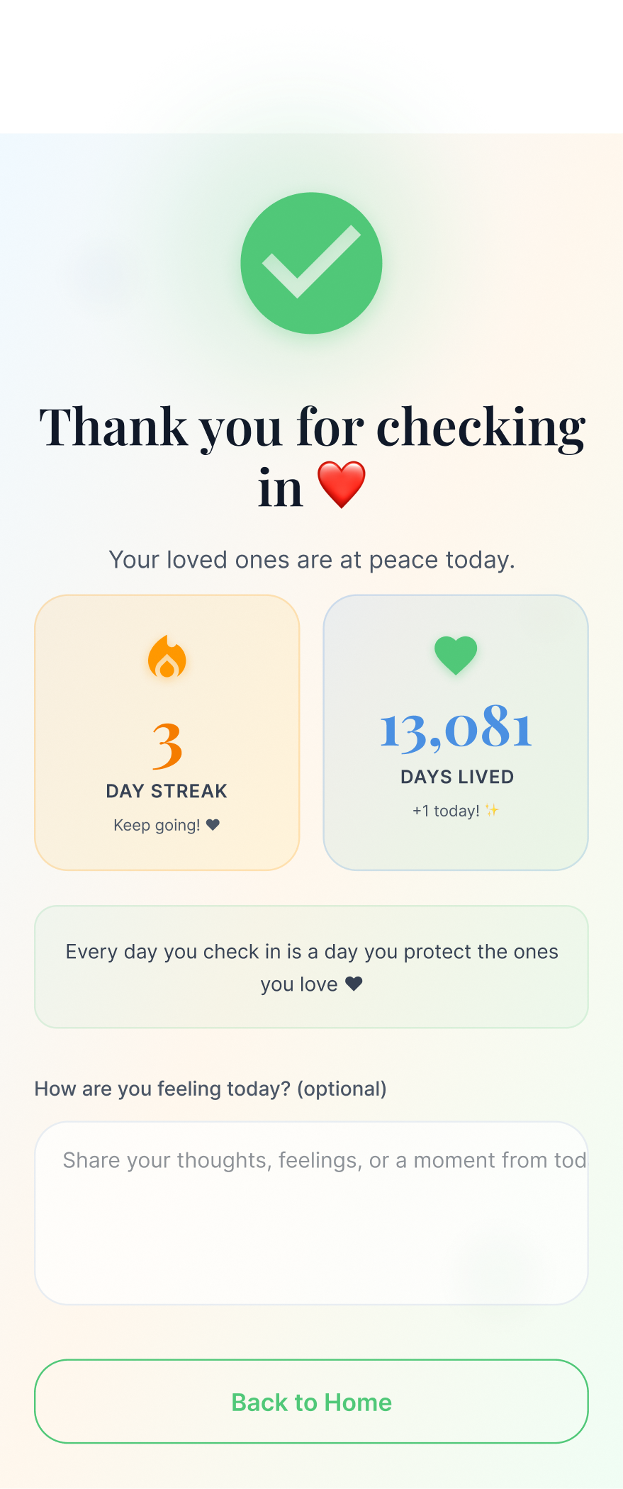 Daily Legacy Safe - Checkin success Screen preview