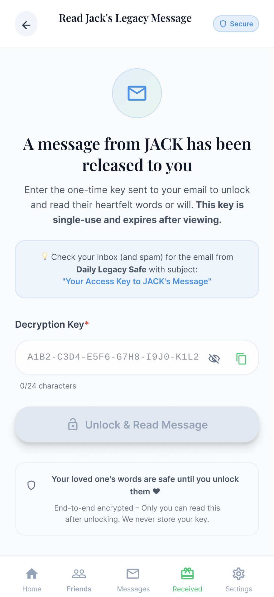 Daily Legacy Safe - Received message preview